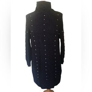 Nic+Zoe Navy Majestic turtle neck Sweater Dress w/Pearl details Size Medium